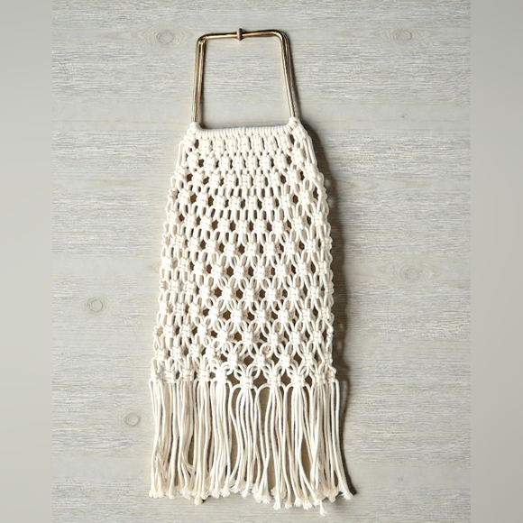 Artisan Handbags - Macrame Fringed Clutch Hand Bag Ivory Metal Handle Boho Hippie Beach Woven Purse